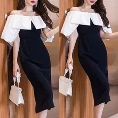 ドレス パーティ ワンピース ☆半袖☆オフショルダー ミディ丈