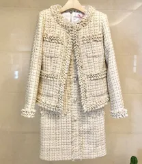 ツイード ノーカラー フリンジ パール付き ジャケット 全2色 S~L