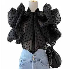 ドット ボリューム フリル シースルー 透け トップス ブラウス