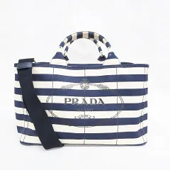 プラダ PRADA カナパ M トートバッグ ショルダーバッグ 2WAY ボーダー キャンバス ネイビー アイボリー ☆AA★