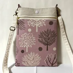 スマホポシェット LLサイズ  北欧森柄 ピンク ショルダーストラップ付き