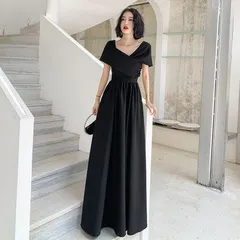 シンプルなロングフレアドレス アシンメトリー韓国のパーティー