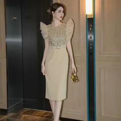 ドレス 結婚式 ビジュー キラキラ パーティー 全2色 フリル袖