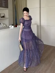 ドレス 結婚式 ロング パーティー シースルー 紫 スパンコール