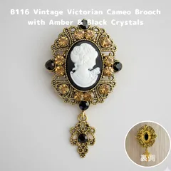 【B116】カメオ風 ブローチ ビンテージ調 アンティーク調 ゴールド ラインストーン 大ぶり ブラック