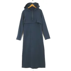 ジーナシス JEANASIS 24AW ハーフZIP パーカー ワンピース スウェット ロング マキシ フード ダメージ加工 製品染め 長袖 F 紺 ネイビー 