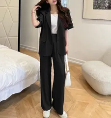 セットアップ 半袖ジャケット 無地 ワイドパンツ 上品 韓国 SALE