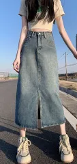 デニム スリットスカート タイトAライン ハイウエスト ロング丈