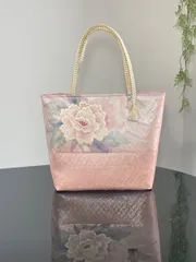 帯リメイクバッグ　佐賀錦　牡丹模様刺繍　トートバッグ 和装バッグ