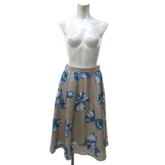 ジャスグリッティー JUSGLITTY 美品 リアルフラワープリントスカート フレアスカート 花柄 ベージュ 青 ブルー 2 約M ■YHS5