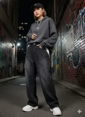 特Aランク/ユニセックス30 32 ブラックデニム ワイド ストレッチ 冬デニムパンツ