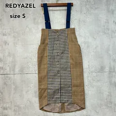 美品 REDYAZEL レディアゼル チェック柄 ジャンパースカート サスペンダー タイトスカート 膝丈 ミモレ丈 ボタン デザイン 02-1815500068 ブラウン ネイビー 配色 切替 異素材 裏地あり スリット ポケット S ★ ■◇