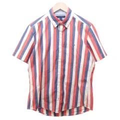 トミーヒルフィガー TOMMY HILFIGER ボタンダウンシャツ BDシャツ ストライプ ロゴ 刺繍 半袖 M ベージュ ブルー レッド 1228