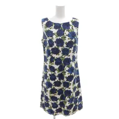 ローラアシュレイ LAURA ASHLEY  美品 ノースリーブワンピース 麻 リネン 9 青 ブルー 白 ホワイト ひざ丈 花柄 ラウンドネック MDJ 791 S10 /HW ■GY61