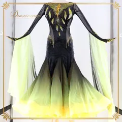 社交ダンス 衣装 The ONE ザワン スタンダードドレス ワンピース ドレス フロート レース 黒 黄色 グラデーション デモ 競技 ダンス パーティ 発表会 ベロア ブラック系 イエロー系 高級感 フロア映え ドレス美しい デモ用 カラフル