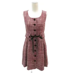 レストローズ L'EST ROSE ワンピース 2 赤 レッド ノースリーブ ラウンドネック ツイード チェック柄 ベロアベルト付き ミニ丈 /YS39 ■GY58