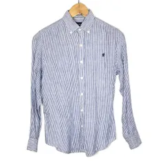 【倉吉店】 中古 GYMPHLEX | ジムフレックス 長袖Ｔシャツ リネン 長袖ボタンダウンシャツ ストライプ ｻｲｽﾞ:12 J-0872 ブルー 【110】