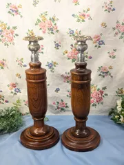 高さ約30cm イギリスアンティーク オーク材 キャンドルスタンド ペア ２個セット