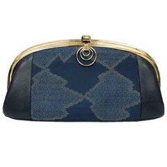 京やO278　大島紬　半円型クラッチバッグ　和装バッグ　着物用バッグ　着物バッグ　ネイビー　和洋兼用　美品　リサイクル着物　小物　バッグ