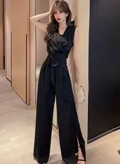 ドレス 3色 ジャンプスーツ 上品 ノースリーブ ウエストマーク