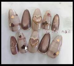 ブラウンチェックマグネットぷっくりハートジェルネイルチップ