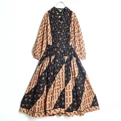 【レア美品】ピンクハウス★パッチワーク&はしごレース！小花柄ワンピース 黒×茶系 前開き 折りたたみピンタックも♪z17570