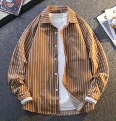 長袖シャツ メンズ シャツ ストライプ柄 カジュアルシャツ ボタンダウンシャツ メンズシャツ ワイシャツ トップス カーキ
