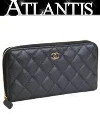 シャネル CHANEL マトラッセ ラウンドファスナー 長財布 キャビアスキン 黒 G金具 30番台 【73442】
