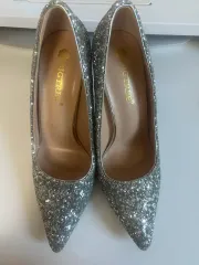 銀色グリッターパンプス ヒール ブライダルシューズ