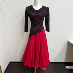 【新品タカダンス】社交ダンス用長袖ドレス 黒に赤のデザインラメ Ｍサイズ 新品タカダンス】社交ダンス用長袖ドレス 黒に赤のデザインラメ M