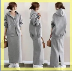 セットアップ パーカー ジッパー スカート 秋冬裏起毛グレー 1349