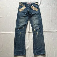 希少　90～00s　archive　アーカイブ古着　JEANNE D'ART　ジャン・ダール　ブーツカットシルエット　フレアデニム　フェイクレザーパッチ　ダメージ加工　鬼ヒゲ　M　Y2K　グランジ　平成ギャル男　fake leather patch denim