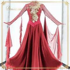 社交ダンス 衣装 スタンダードドレス ワンピース ドレス スタンダード ワインレッド ゴールド 金 赤 デモ 競技 ダンス パーティ 発表会 上品 フロート レース 華やか レッド系 エレガント 輝き 高級感 おしゃれ 美しい フォーマル ステージ
