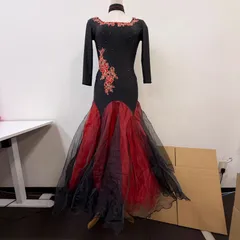 社交ダンス ドレス ワンピース 黒 赤 ラインストーン 首飾り付き ボディスーツ 胸パッド付き レース フリル 七分袖