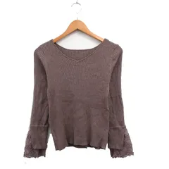 ナチュラルクチュール natural couture リブ ニット セーター 長袖 Vネック レース F ブラウン 茶 /KT14