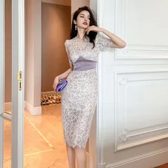 ドレス 花柄 白 タイト レース 切替 膝丈 パーティー 結婚式