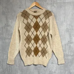 【英国製】Montfort (モンフォール)シェットランドウール100% ニット M アーガイル ベージュ セーター SHETLAND WOOL ウールマーク 総柄 80s 90s ヴィンテージ ビンテージ レトロ ユーロ古着 プレッピー トラッド
