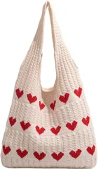ideamall ニットバッグ ハート かわいい 編みトートバッグ 韓国風 かぎ針 (ホワイト)