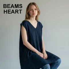 BEAMS HEART ビームスハート 麻混 チュニック ワンピース ネイビー 紺 リネン混 Vネック ウエストリボン フレンチスリーブ 膝丈 ミディ丈 春夏 ナチュラル カジュアル きれいめ レディース リラックス ビームス【M～L】2601026AP