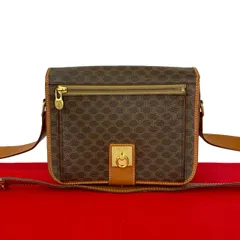 極 美品 CELINE セリーヌ マカダム ブラゾン トリオンフ 柄 ロゴ リング 金具 レザー ショルダーバッグ ポシェット ブラウン 79122