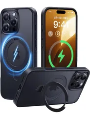 ★CASEKOO for iPhone 16 pro ケース【MagSafe対応／米軍MIL規格 耐衝撃】隠しスタンド 縦横立て対応 25W ワイヤレス充電対応 マット仕上げ 指紋防止 黄変防止 半透明 ストラップホール付き 6.3インチ（ブラック）