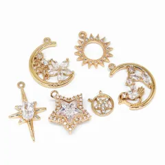 【人気商品】【2個】ジルコニア チャーム メタルチャーム カン付き アクセサリーパーツ ハンドメイド 素材 スター 星 月 太陽 ゴールド (C－2)