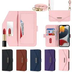 【在庫処分】Eastwave アイフォン For iPhone 15 Plus ケース 縄掛けカバー For iPhone15plus 手帳型 For iPhone 15plus 手帳 case チェック柄 鏡 ミラー付き 長ストラップ付き 肩掛け 革レザー