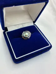 N 値下げ中【ヴィンテージ】パール リング 大粒 メレダイヤ シルバー 指輪　10号 おしゃれ 冠婚葬祭 お祝い ハレの日