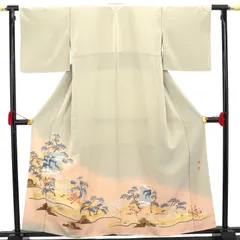 色留袖 留袖 訪問着仕立て 袷 レディース 正絹 灰ベージュ 色紙文 風景柄 一つ紋 落款 身丈162cm 裄丈66cm 式典 パーティ 入学式 卒業式 結婚式 フォーマル M～Lサイズ相当