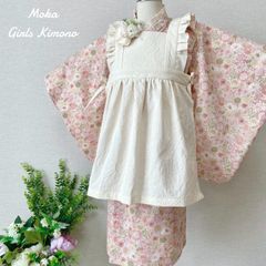 七五三 3歳 着物＆被布エプロンセット 和柄ピンク×生成り ハンドメイド
