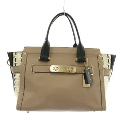 コーチ COACH スワッガー キャリーオール ハンドバッグ ショルダー 2WAY レザー パイソン型押し ロゴ ゴールド金具 ベージュ 黒 ブラック 36496 /XZ ■GY11