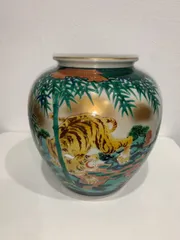 【共箱付】九谷焼 松山 花瓶 竹虎 壺 金彩 色絵 陶器 インテリア 置物