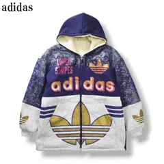 【希少】 80s90s デサント製 アディダス adidas 裏ボア フルジップアップ スウェット パーカー ビッグロゴ ジャケット ビッグシルエット M パープル x ヘザーグレー メンズ