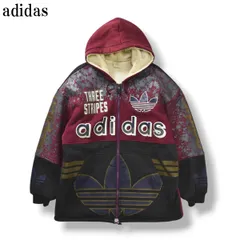 【希少】 80s90sヴィンテージ デサント製 アディダス adidas 裏ボア フルジップアップ スウェット パーカー ビッグロゴ ジャケット ビッグシルエット L ボルドー x グレー メンズ